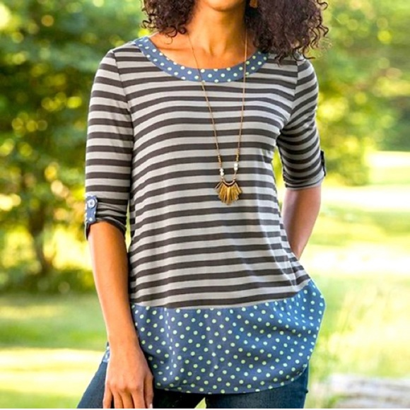 Matilda Jane Tops - Matilda Jane Size Medium Top Blue Gray Stripe Polka Dot‎ Let's Get Lost Peplum